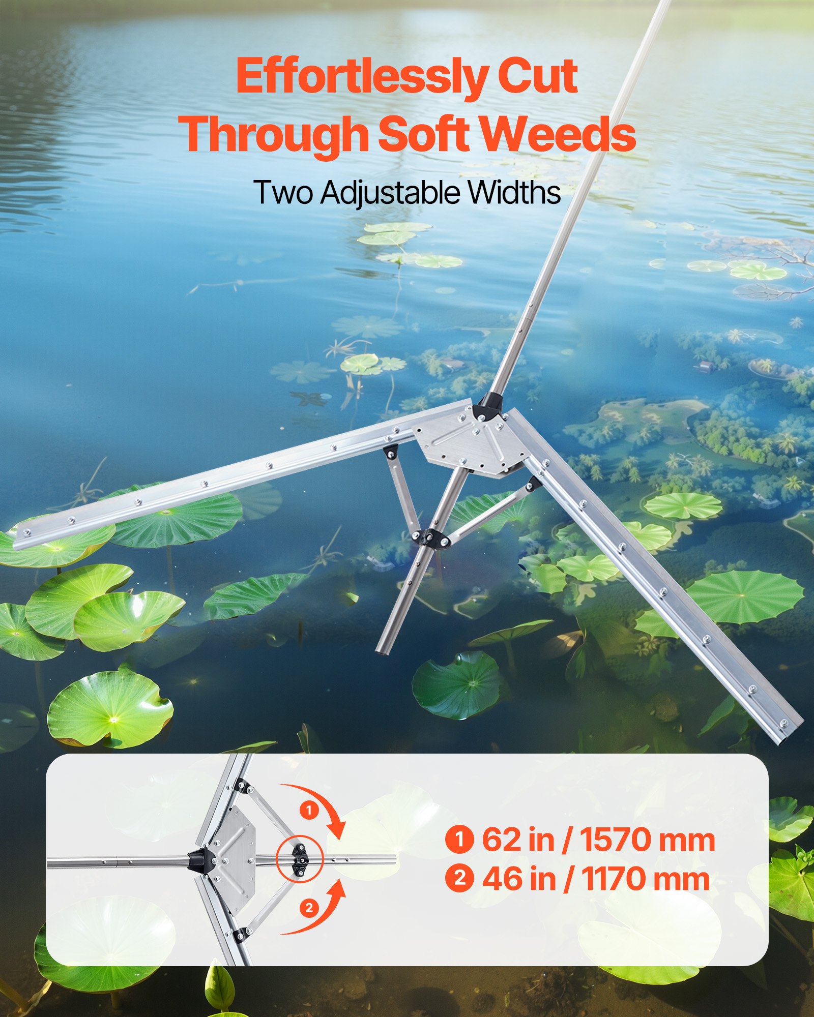 VEVOR Lake Weed Cutter, Pond Aquatic Plant Cutting Tool with 62 in Max. Cut Width, Sharp and Heavy-Duty Steel Blades, Pond Rake with 30 ft Throw Rope, for Cattail, Phragmites, Lilly Pads & Chara