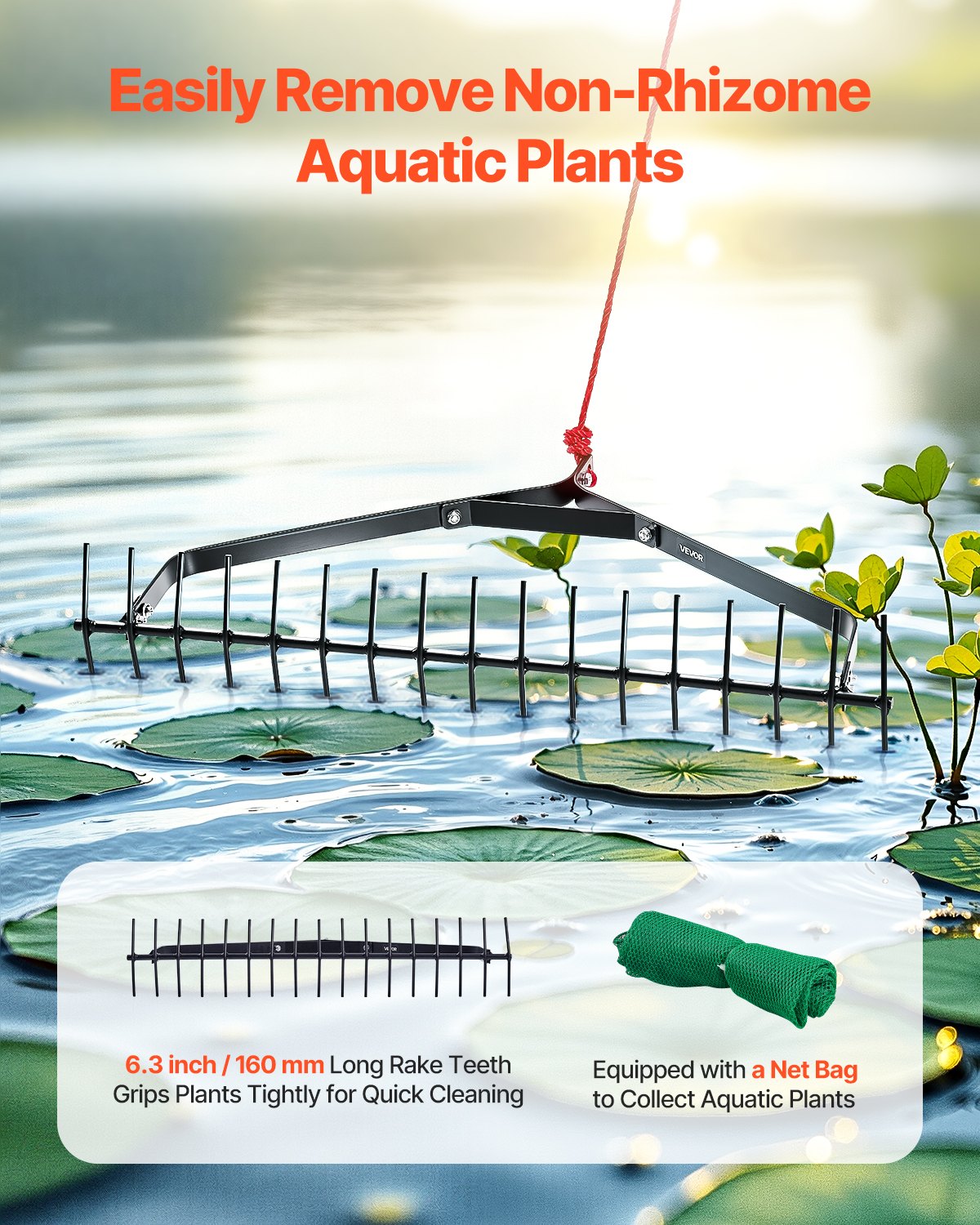 VEVOR 32 in Aquatic Weed Rake, 6.3 in Double Sided Lake Weed Rake, Lightweight  Pond Weeds Cutter with 30ft Rope, No Assembly Required, Muck Lilypad Clearing Tool for Pond, Lake, Rivulet