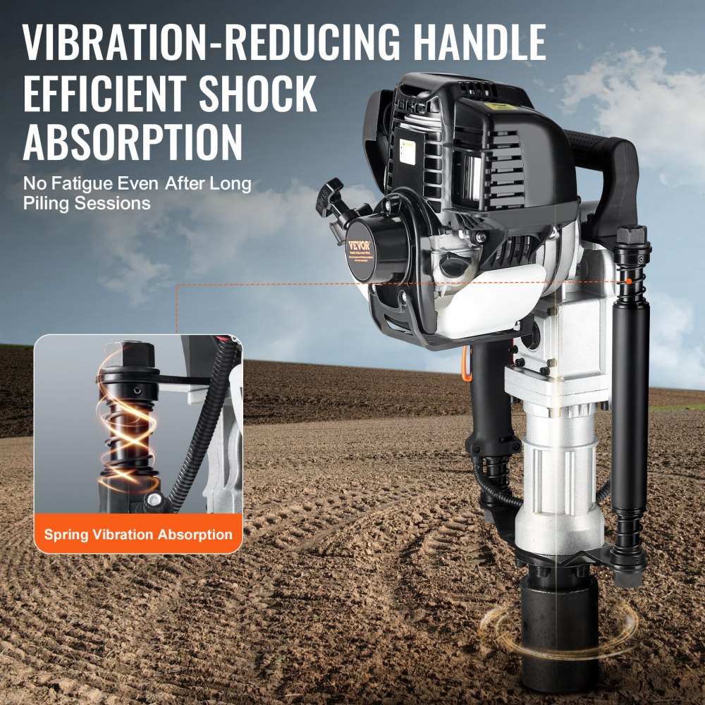 VEVOR 37.77cc Gas-Powered T Post Driver, 4-Stroke Engine Gasoline Fence Piling Pounder, with 2 Post Driving Head(55/70 mm) , 1000W Portable Piledriver For Farm, Ranch Fencing, Road Improvements