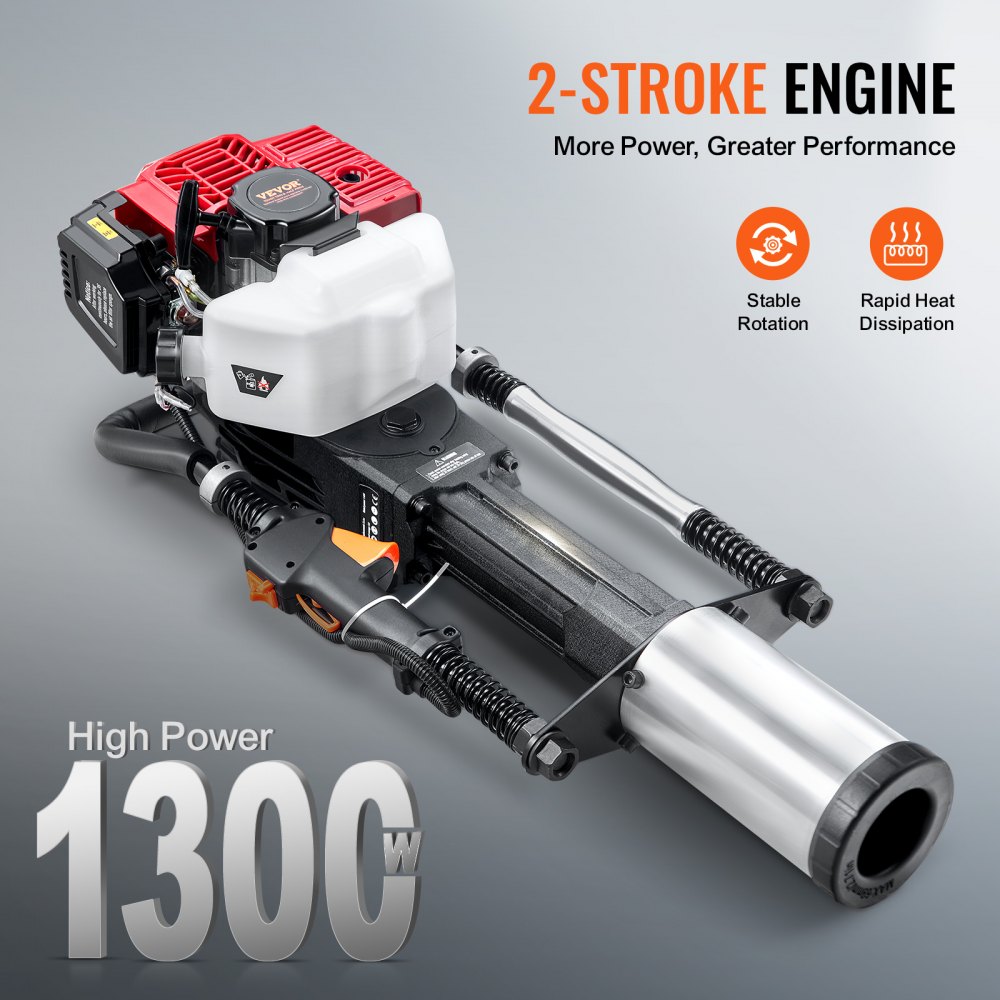 VEVOR 52cc benzine T-paalrammer, 2-taktmotor hekrammer, draagbare 1400W paalrammer met 3 paalkoppen (49/69/100 mm), voor boerderijen, ranchhekken en wegverbeteringen