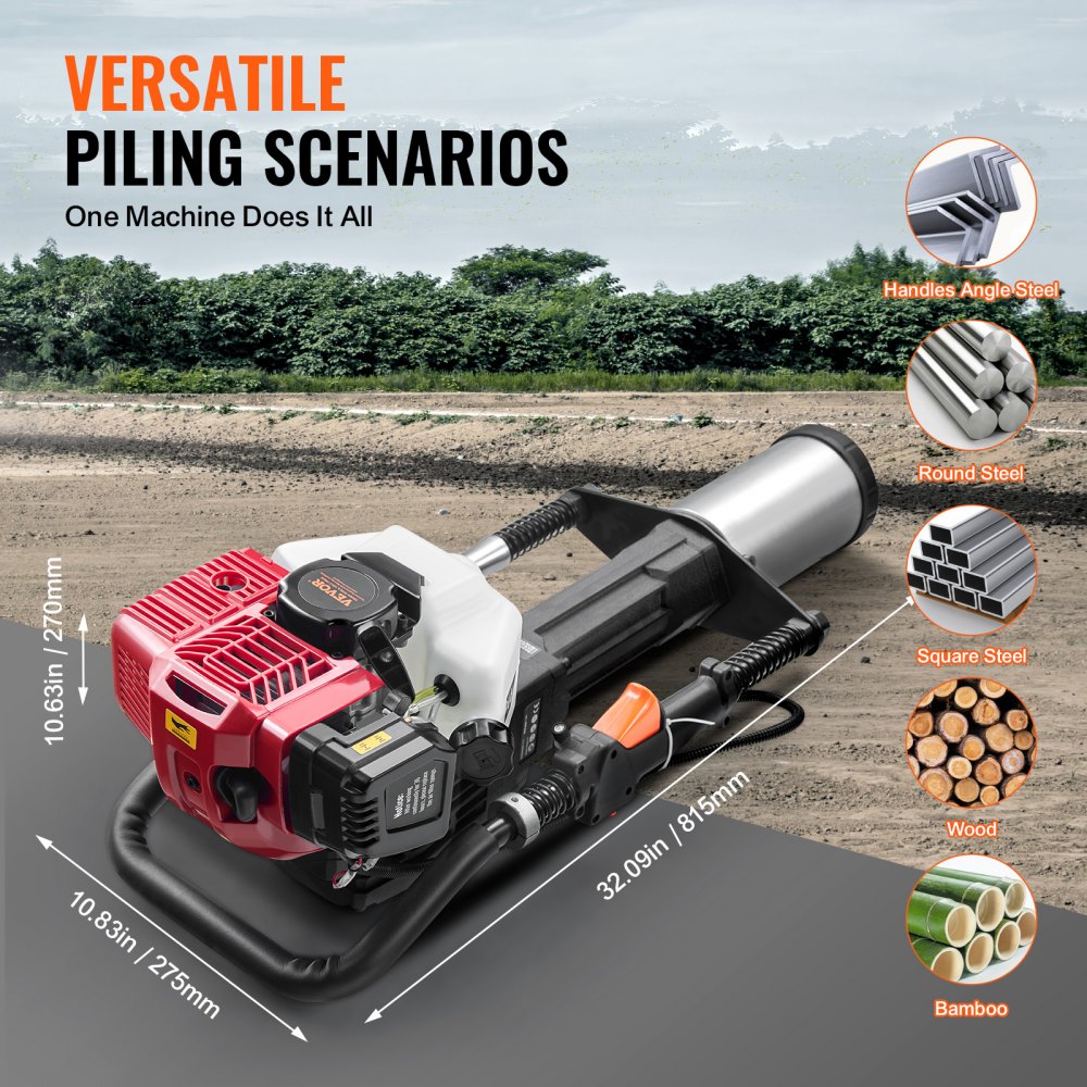 VEVOR 52cc benzine T-paalrammer, 2-taktmotor hekrammer, draagbare 1400W paalrammer met 3 paalkoppen (49/69/100 mm), voor boerderijen, ranchhekken en wegverbeteringen
