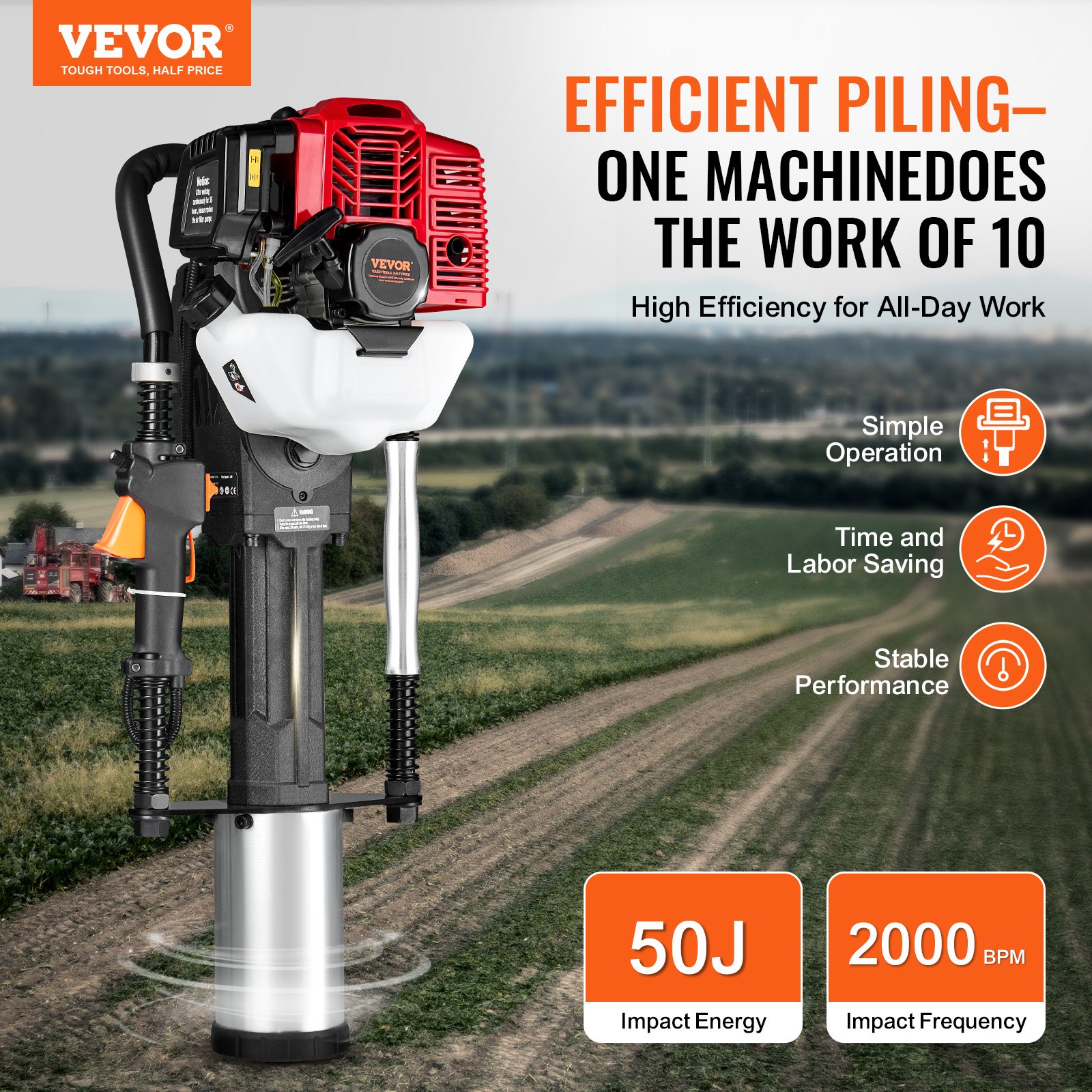 VEVOR 52cc benzine T-paalrammer, 2-taktmotor hekrammer, draagbare 1400W paalrammer met 3 paalkoppen (49/69/100 mm), voor boerderijen, ranchhekken en wegverbeteringen