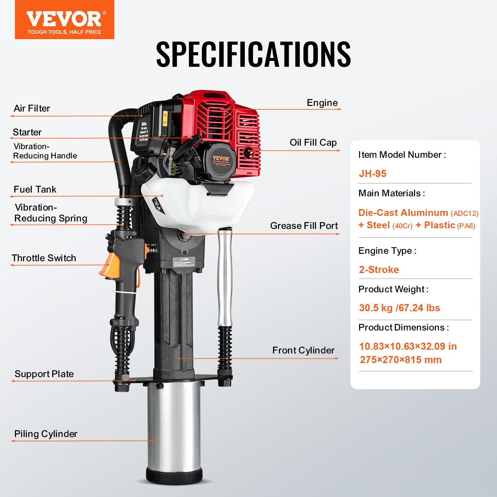 VEVOR 52cc benzine T-paalrammer, 2-taktmotor hekrammer, draagbare 1400W paalrammer met 3 paalkoppen (49/69/100 mm), voor boerderijen, ranchhekken en wegverbeteringen