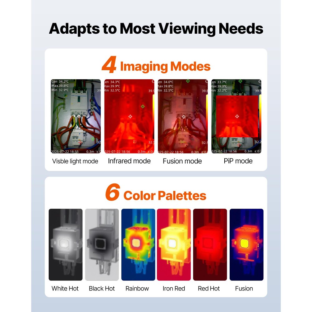 VEVOR Thermal Camera, 320 x 240 TISR Super Resolution, Thermal Imaging Camera with 2MP Visual Camera, 256 x 192 IR Resolution, 25 HZ Refresh Rate, -4°F to 1022°F, 4 Image Modes & 6 Color Palettes