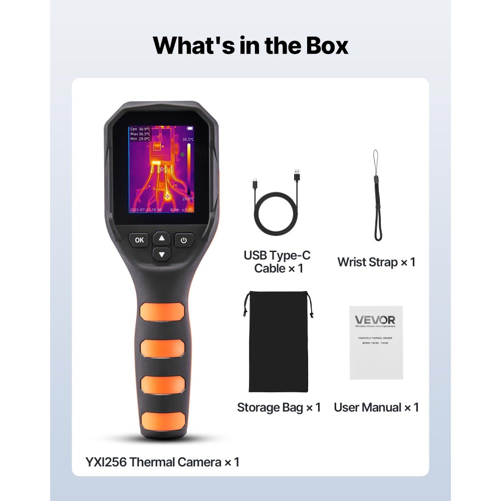 VEVOR warmtebeeldcamera, 320 x 240 TISR superresolutie, draagbare warmtebeeldcamera met 2MP beeldcamera, 256 x 192 IR-resolutie, 25 Hz verversingsfrequentie, -20 °C tot 450 °C, 4 beeldmodi en 6 kleurenpaletten.