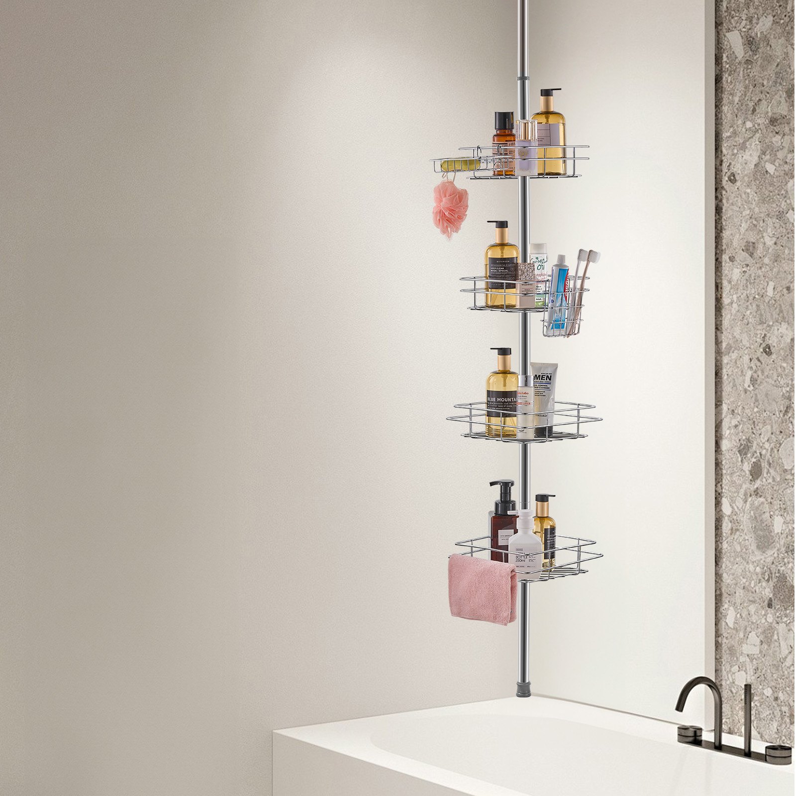 VEVOR Spanstang voor hoekdoucheplank 1067-2896 mm hoog, multifunctionele spanstang voor de douche met sterke en dragende plank Spanstang voor badkamertoiletten Zilver 4 lagen