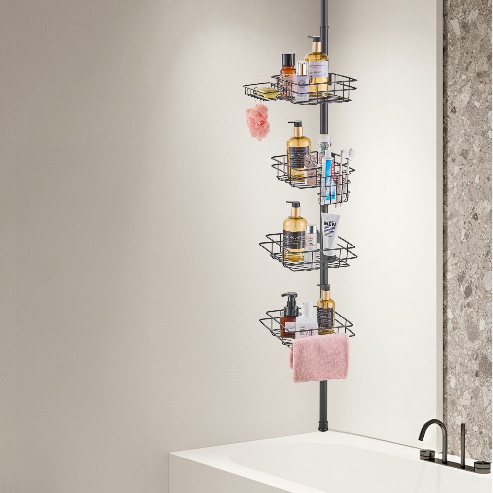 VEVOR Shower Corner Caddy Tension Pole, 42" to 114" High, Multi-Functional Shower Tension Pole with Strong Load-Bearing Tray, Rust-Proof Easy-to-Install Tension Pole, Fit for Bathroom & Washroom