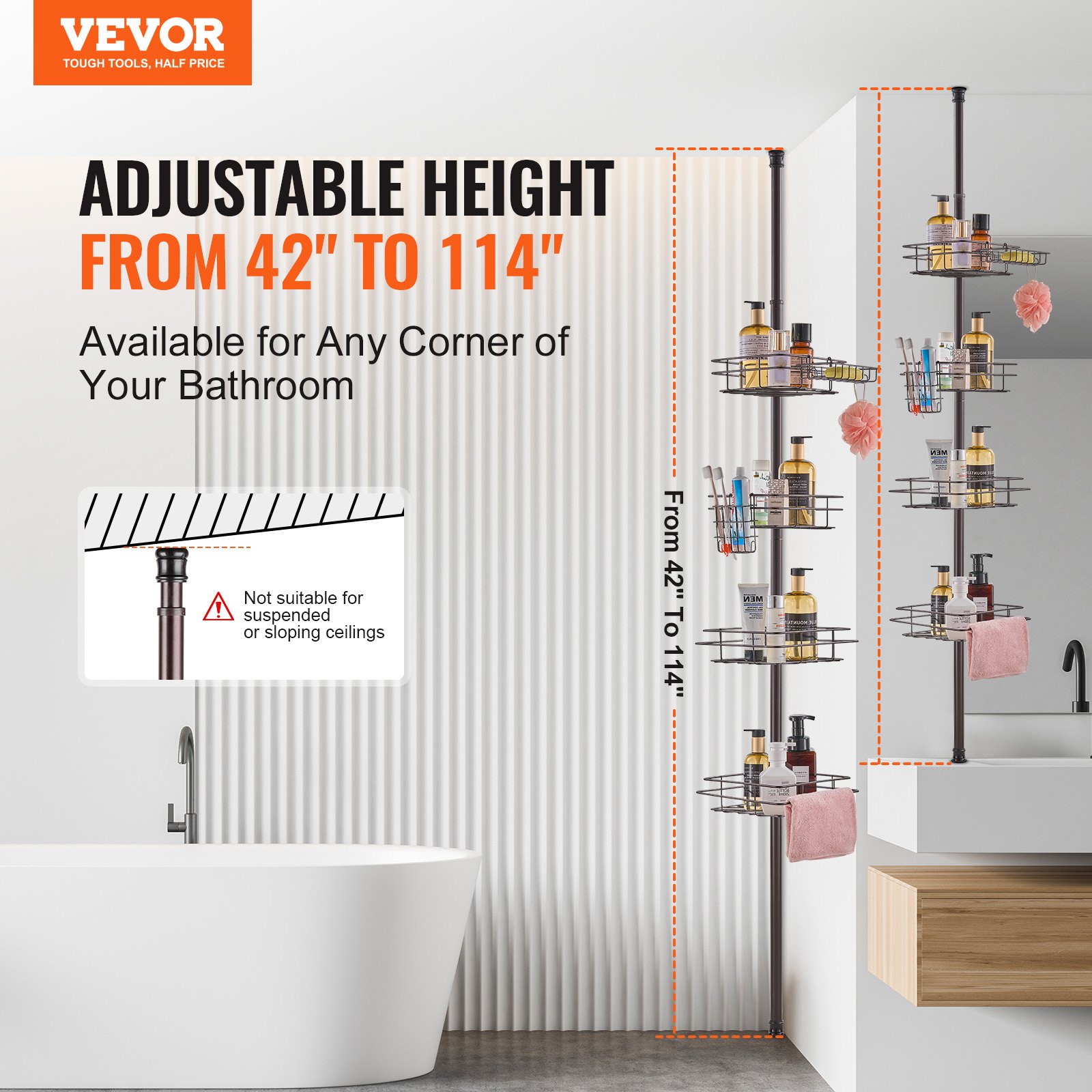 VEVOR Shower Corner Caddy Tension Pole, 42" to 114" High, Multi-Functional Shower Tension Pole with Strong Load-Bearing Tray, Rust-Proof Easy-to-Install Tension Pole, Fit for Bathroom & Washroom