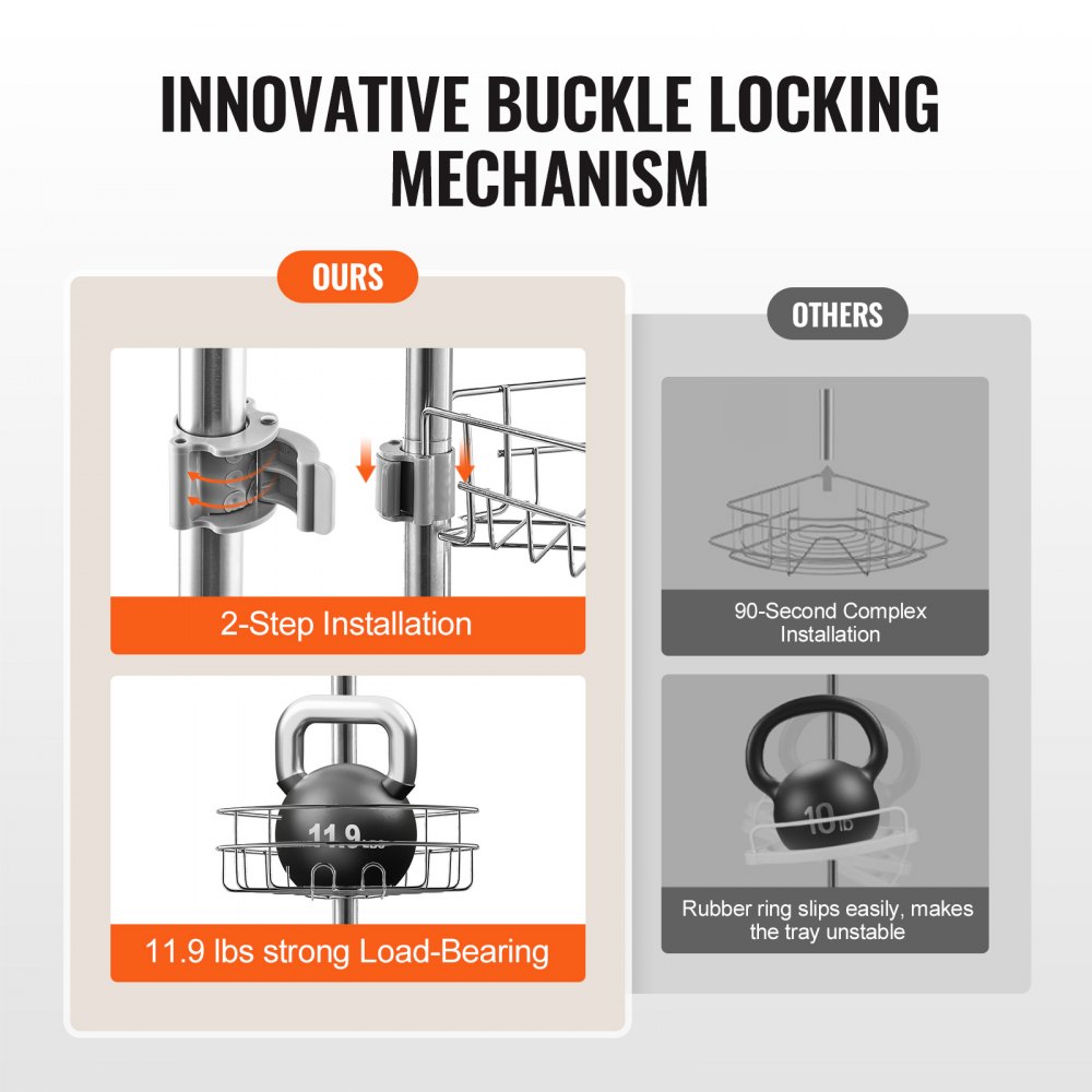 VEVOR Hoekdoucheplank, Douchecaddy, Hoekdoucheplank, 990-3175 mm hoge spanstang, Multifunctionele opbergruimte voor de douche met sterke, dragende plank, Geschikt voor badkamers en wasruimtes