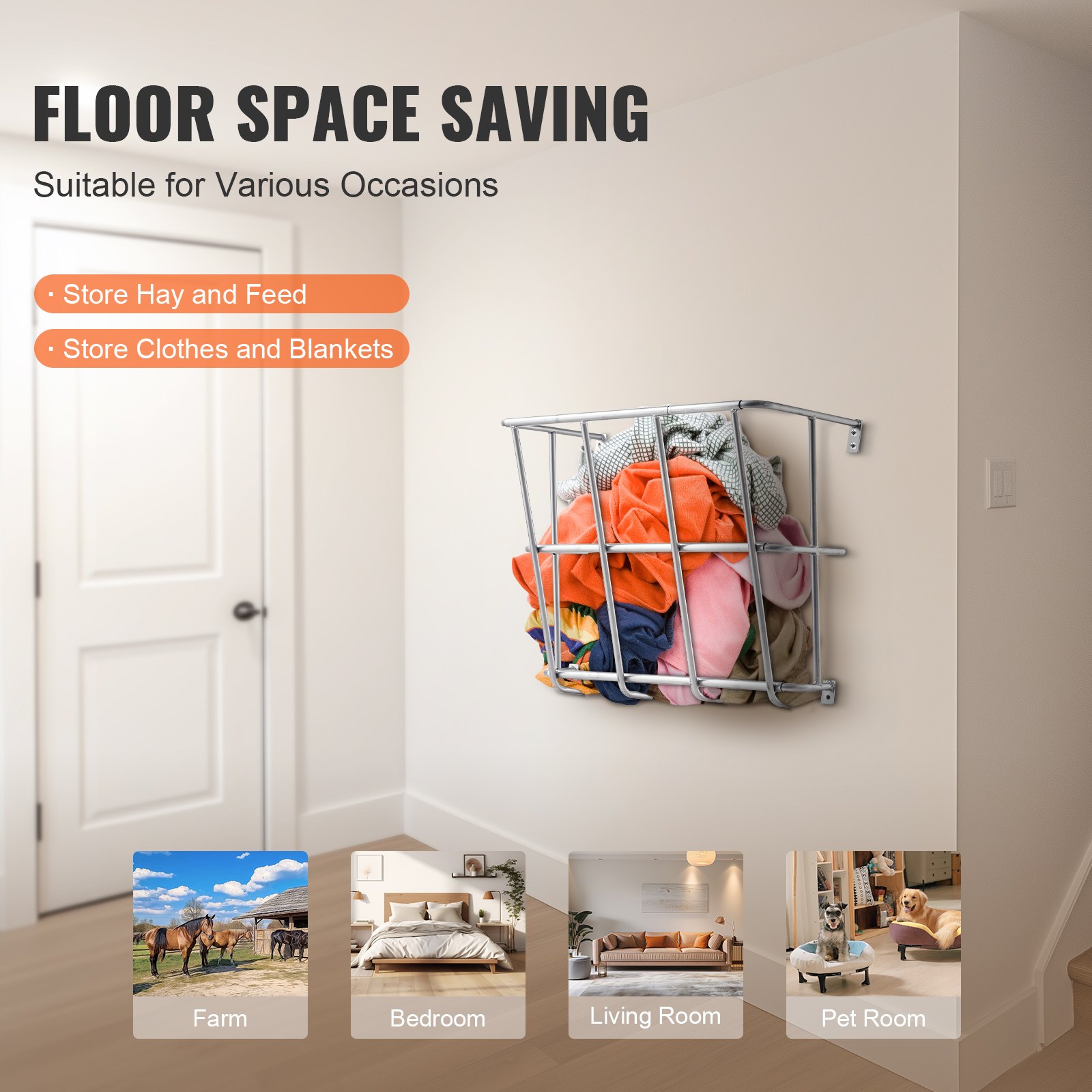 VEVOR Livestock Hay Feeder, 18.5 Gallons Large Capacity, Heavy-Duty Steel Goat Hay Rack, 24.4" Long Wall Mounted Horse Hay Holder, Multiple Sided Feeding Rack for Sheep Farm Livestock Indoor Outdoor