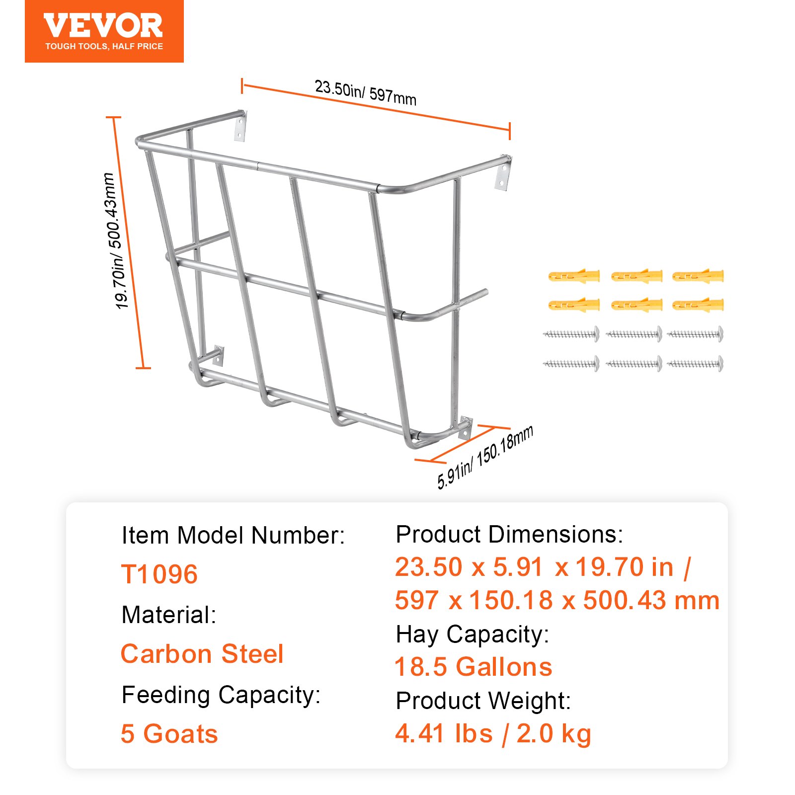 VEVOR Livestock Hay Feeder, 18.5 Gallons Large Capacity, Heavy-Duty Steel Goat Hay Rack, 24.4" Long Wall Mounted Horse Hay Holder, Multiple Sided Feeding Rack for Sheep Farm Livestock Indoor Outdoor