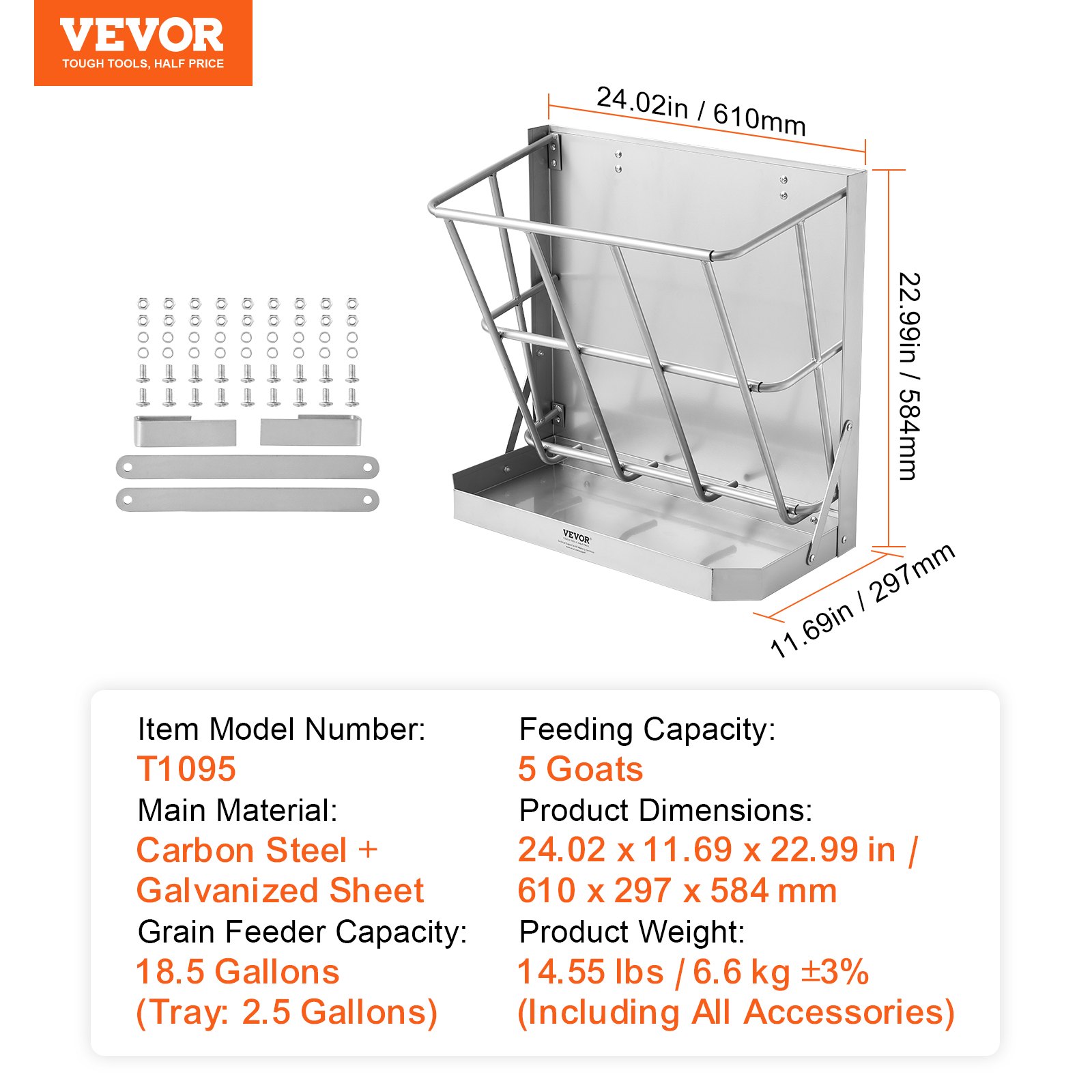 VEVOR hooiruif voor vee, 610 x 297 x 584 mm, 2-in-1 voerbak voor hooi en graan, aan de muur te bevestigen hooiruif met voerbak, voerbak voor geiten, stevig stalen voerruif voor schapen en paarden, voerdispenser