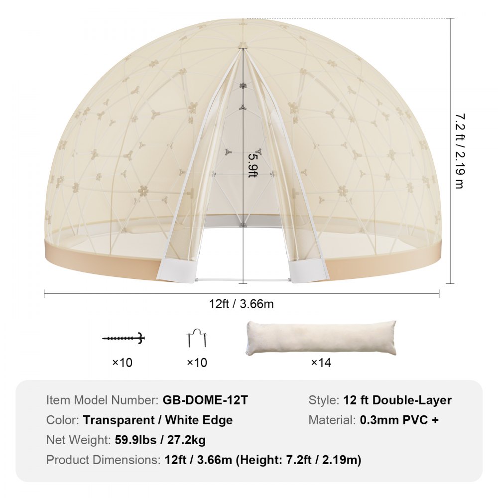 VEVOR Dome Bubble Tent, 12FT Double Cover ( Transparent & Light Yellow Cover), Outdoor Geodesic House Shelter, Upgraded Igloo Tent Waterproof for Camping, Patio, Dining Backyard, Party
