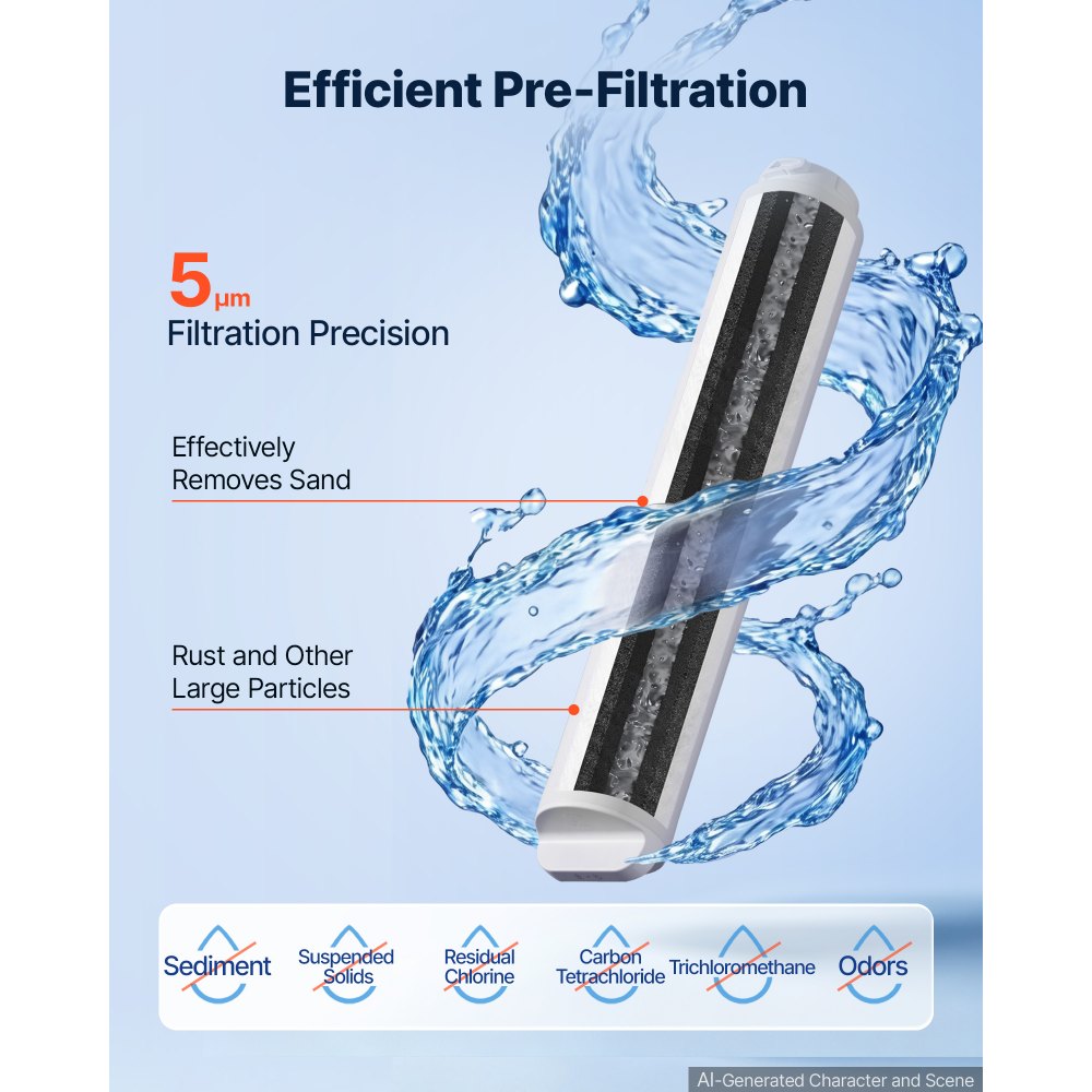 VEVOR PCF vervangingsfilterpatroon voor omgekeerde osmose-systemen, 5 μm, capaciteit 1000 gallon, eenvoudig te vervangen, elke 12 maanden, vermindert chloor, compatibel met RO-systemen SS-201/SS-202/SS-203/SS-204/SS-205/SS-206