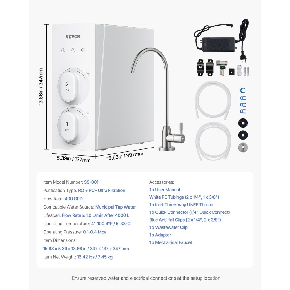 VEVOR Reverse Osmosis System, 400 GPD 8-stage Tankless Reverse Osmosis Water Filter, NSF Certified Under Sink Water Filtration System, 2:1 Pure to Drain, Reduces TDS, Lead, Chlorine, Bad Taste, Odor
