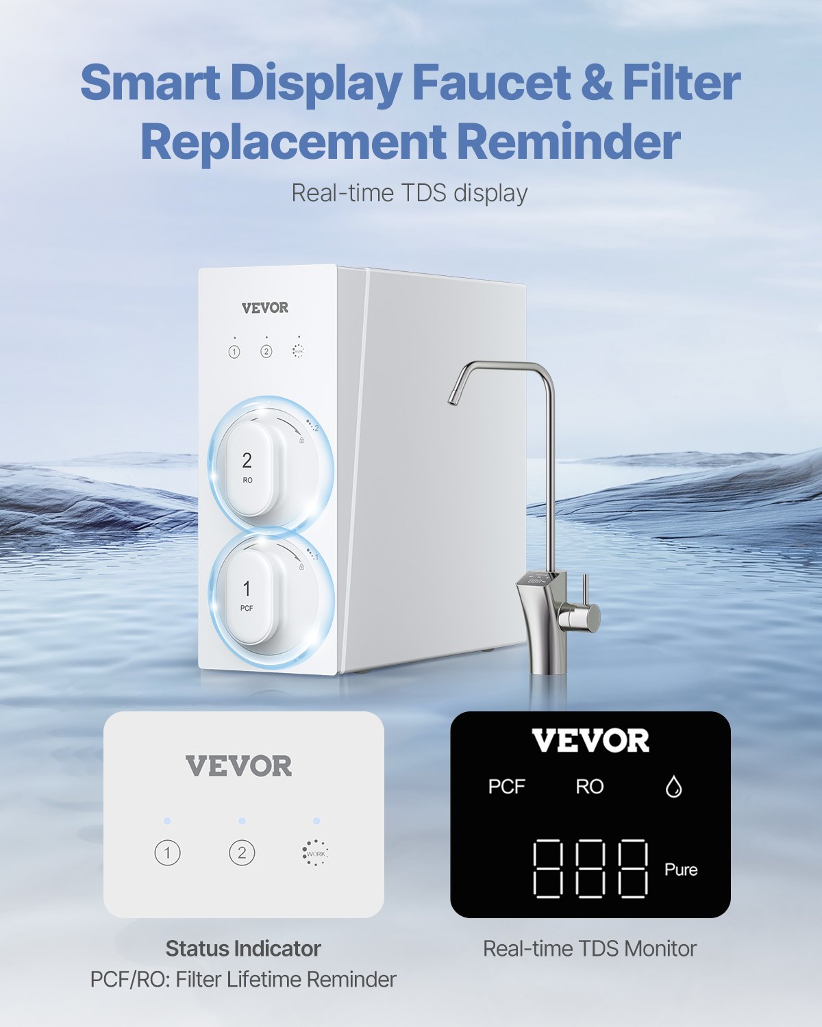VEVOR Omgekeerde osmosesysteem 600 GPD 8-traps tankloze boiler Omgekeerde osmose waterfilter, onderbouw waterfiltersysteem met Smart Display kraan, 2:1 verhouding zuiver water tot afval
