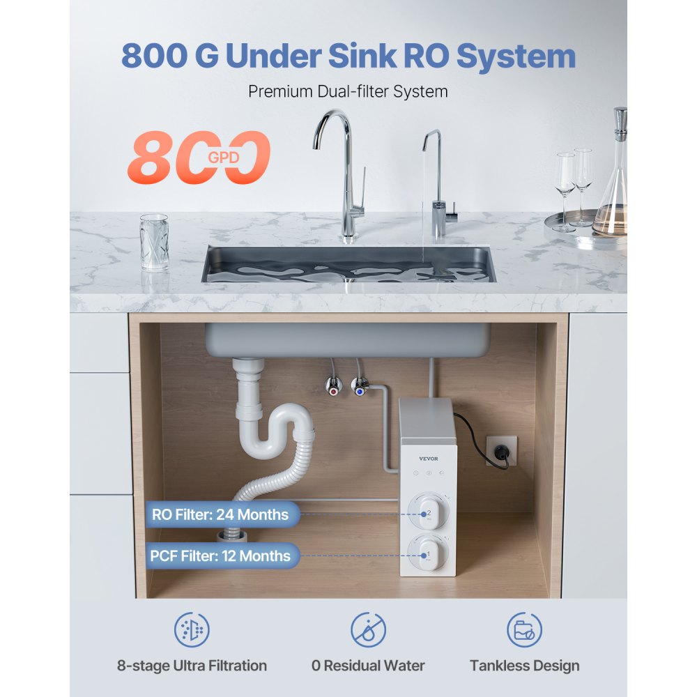 VEVOR Omgekeerde osmosesysteem 800 GPD 8-traps tankloze boiler Omgekeerde osmose waterfilter, onderbouw waterfiltersysteem met Smart Display kraan, 2:1 verhouding zuiver water tot afval