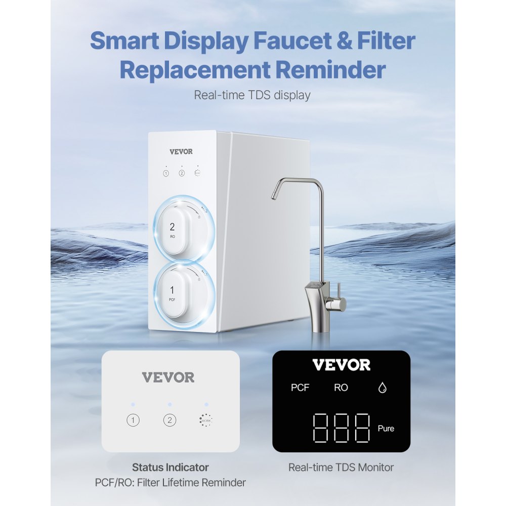 VEVOR Omgekeerde osmosesysteem 800 GPD 8-traps tankloze boiler Omgekeerde osmose waterfilter, onderbouw waterfiltersysteem met Smart Display kraan, 2:1 verhouding zuiver water tot afval