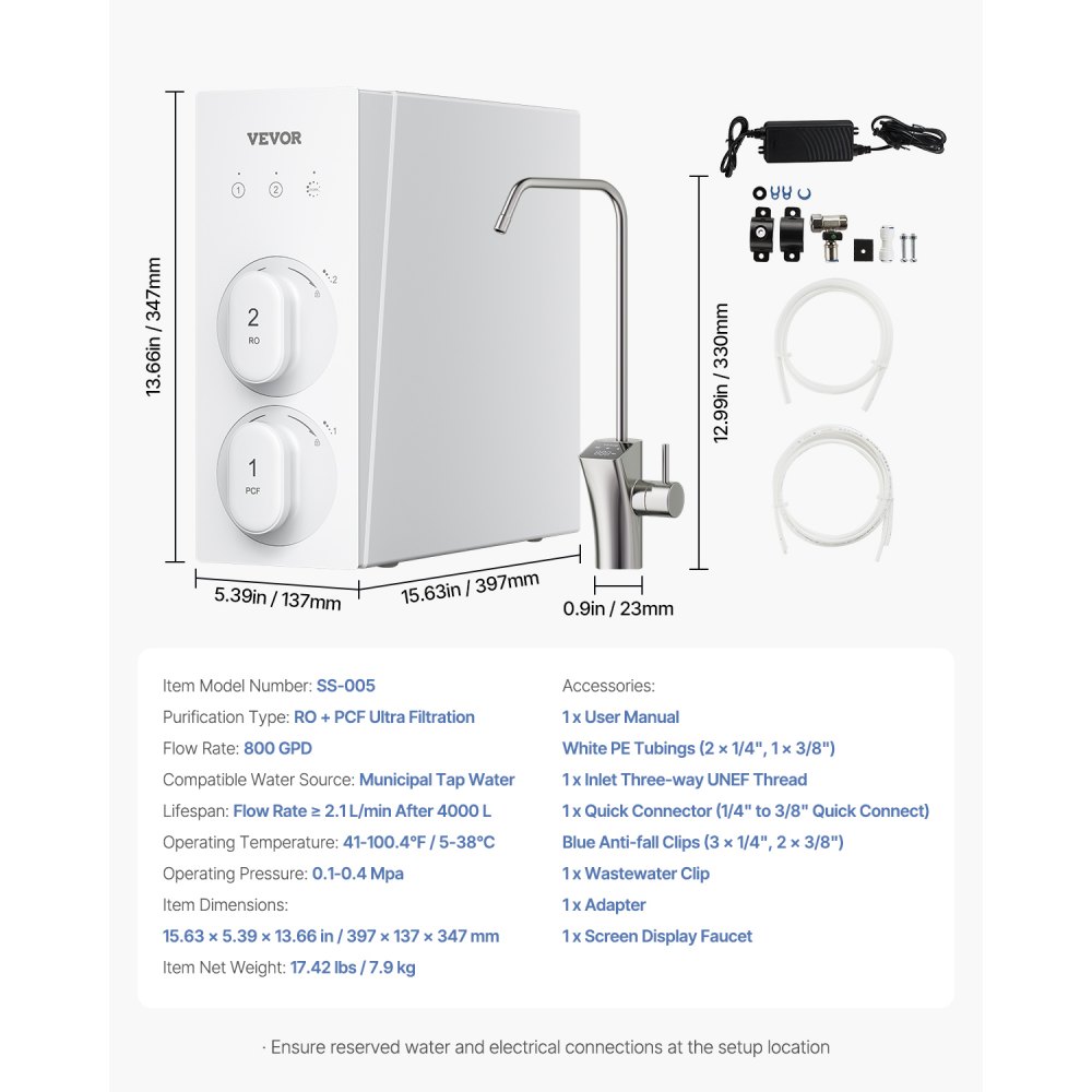 VEVOR Omgekeerde osmosesysteem 800 GPD 8-traps tankloze boiler Omgekeerde osmose waterfilter, onderbouw waterfiltersysteem met Smart Display kraan, 2:1 verhouding zuiver water tot afval