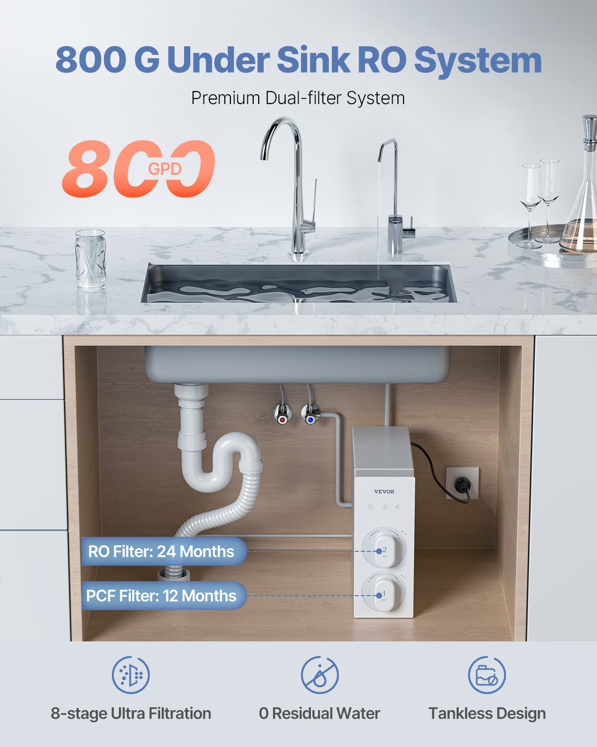 VEVOR Omgekeerde osmosesysteem 800 GPD 8-traps tankloze boiler Omgekeerde osmose waterfilter, onderbouw waterfiltersysteem met Smart Display kraan, 2:1 verhouding zuiver water tot afval