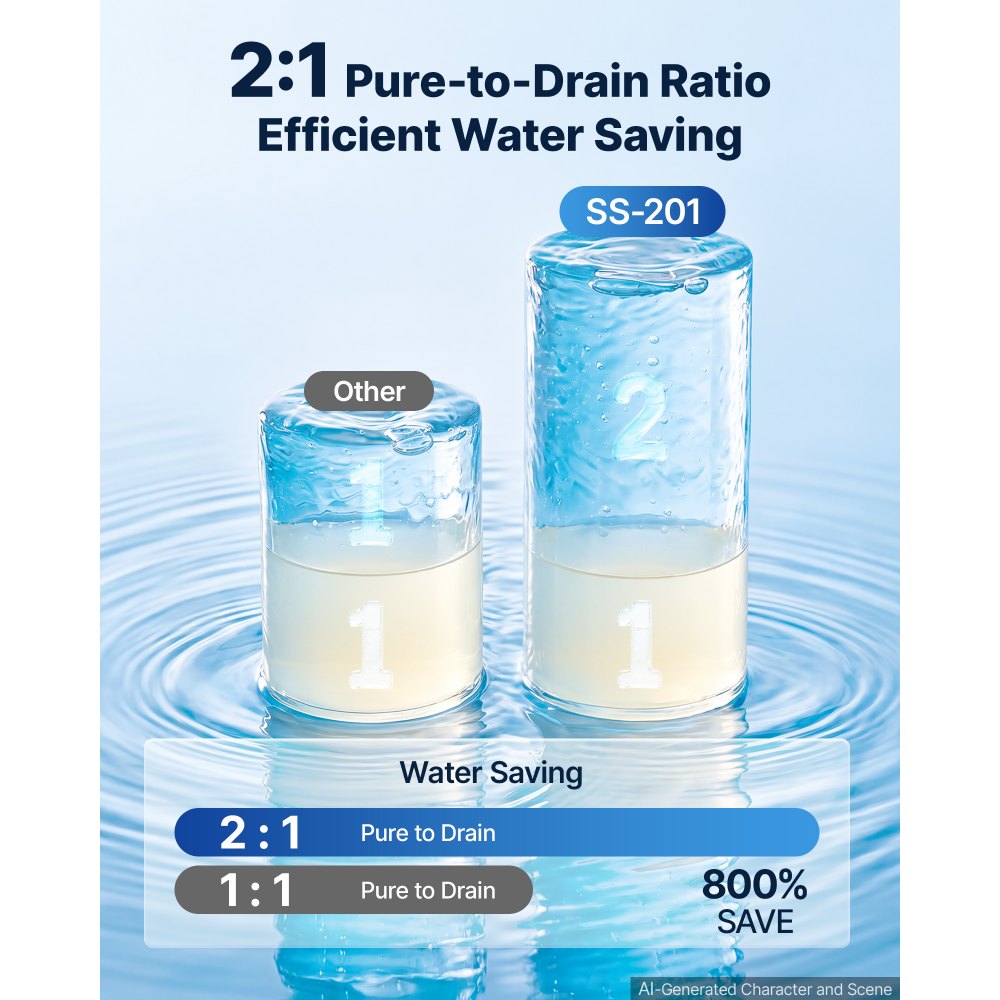 VEVOR omgekeerde osmose-systeem voor onder de gootsteen, 800 GPD (gallons per dag), 8-traps waterfiltertank, voor huishoudelijk gebruik, 2:1 verhouding gezuiverd water/afvalwater, pH 7,5–8,5, slimme roestvrijstalen kraan met TDS-weergave, filtervervanging in 3 seconden, CE-gecertificeerd