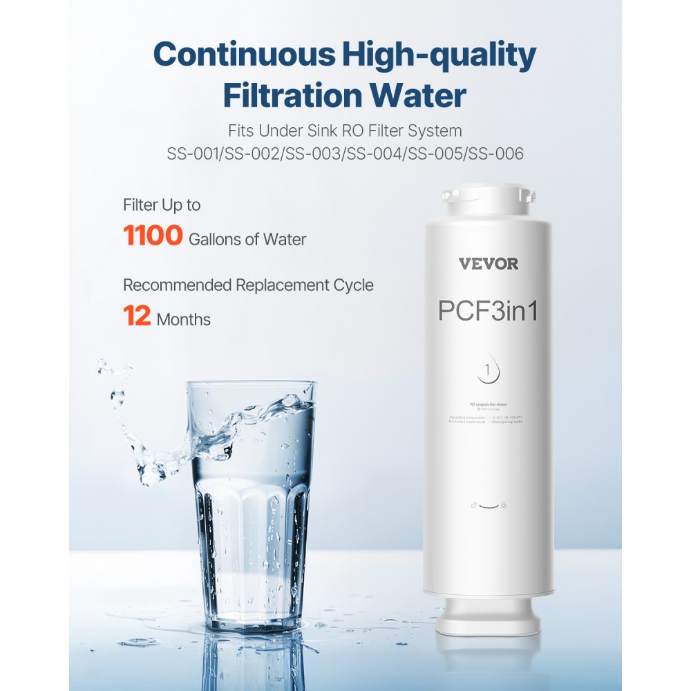 VEVOR PCF Replace Filter, 6-layer PCF Composite Water Filter Replacement, PCF Composite Filter, Reduces Chlorine & Odor, Compatible with Under Sink Water Filter System SS-001, SS-003 & SS-005