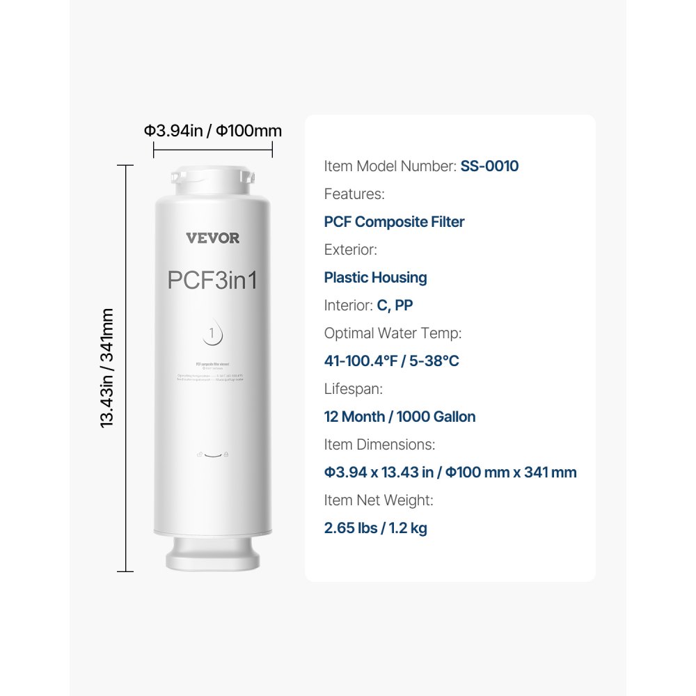 VEVOR PCF Replace Filter, 6-layer PCF Composite Water Filter Replacement, PCF Composite Filter, Reduces Chlorine & Odor, Compatible with Under Sink Water Filter System SS-001, SS-003 & SS-005