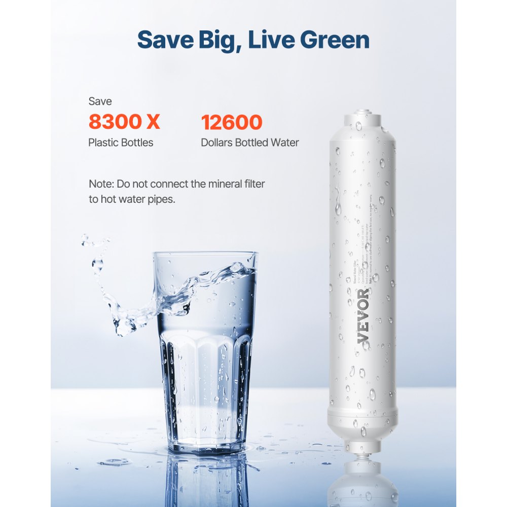 VEVOR Remineralization Filter, 1100 Gallons Remineralization Water Filter Replacement, 1/4" Quick Connect Mineral Filter, Restore Essential Minerals for Water Purifier, Under Sink Water Filter System