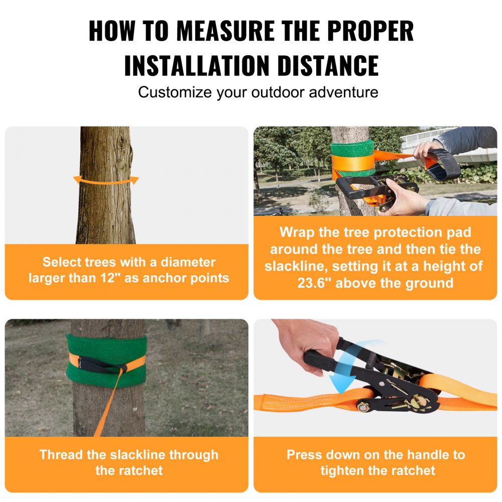 VEVOR Slackline Obstacles Set 2 x 18,3 m Slacklines 2 x 1,5 m Boombeschermers, 226,8 kg draagvermogen Ninja Obstacle Course, Buitenspeeltoestel, Achtertuinspeelgoed Trainingsset Oranje