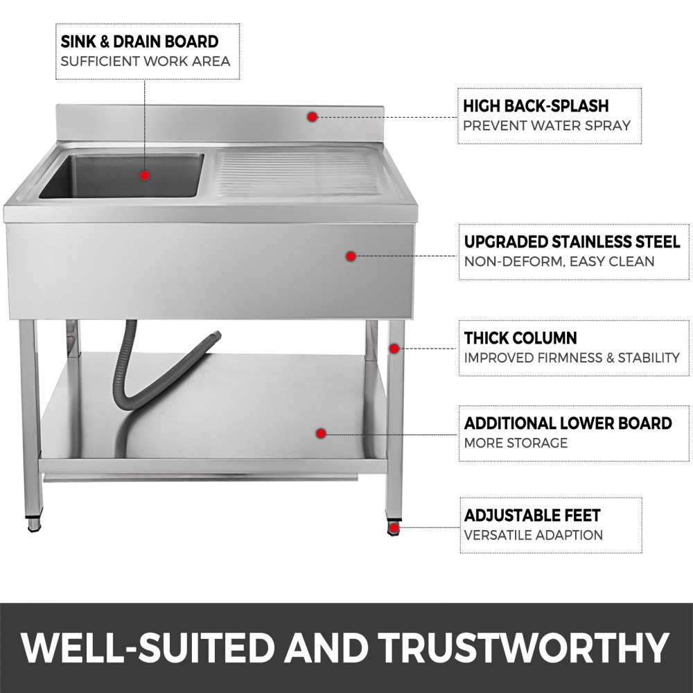VEVOR Ktchen Sink with Left Hand Platform 39.5 inch Stainless Steel Utility Sink Professional Sink Single Bowl Sink Catering Sink Unit for Bar Kitchen Restaurant