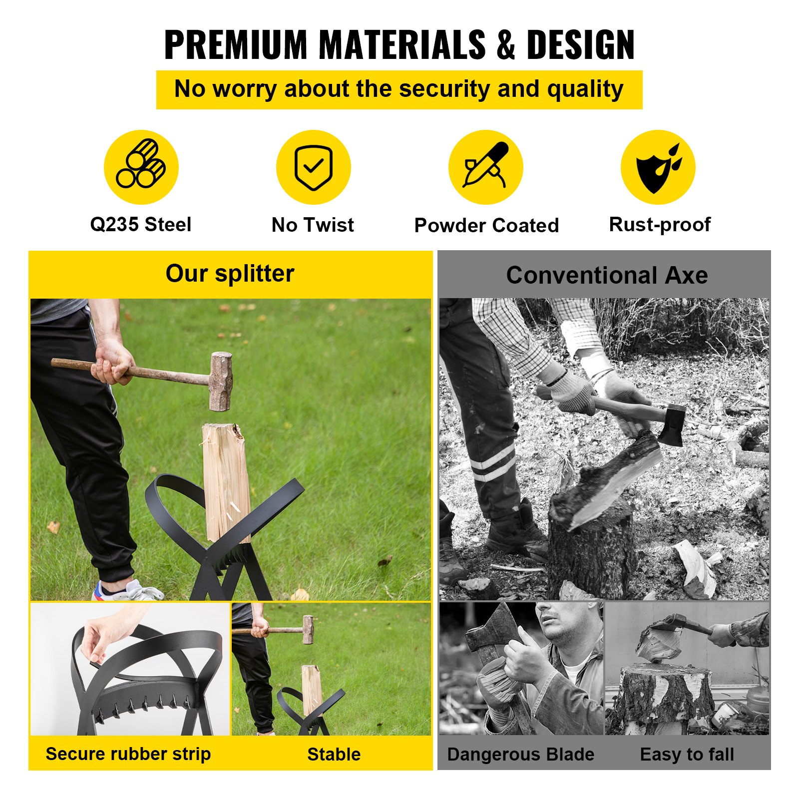 VEVOR Firewood Splitter, Q235 Steel Wood Splitter Wedge, for Splitting 8" Diameter Wood Manual Wedge Wood Splitter, 13.2"x20.3" Portable Log Splitting with 4 Screws & Blade Cover, for Home, Campsite