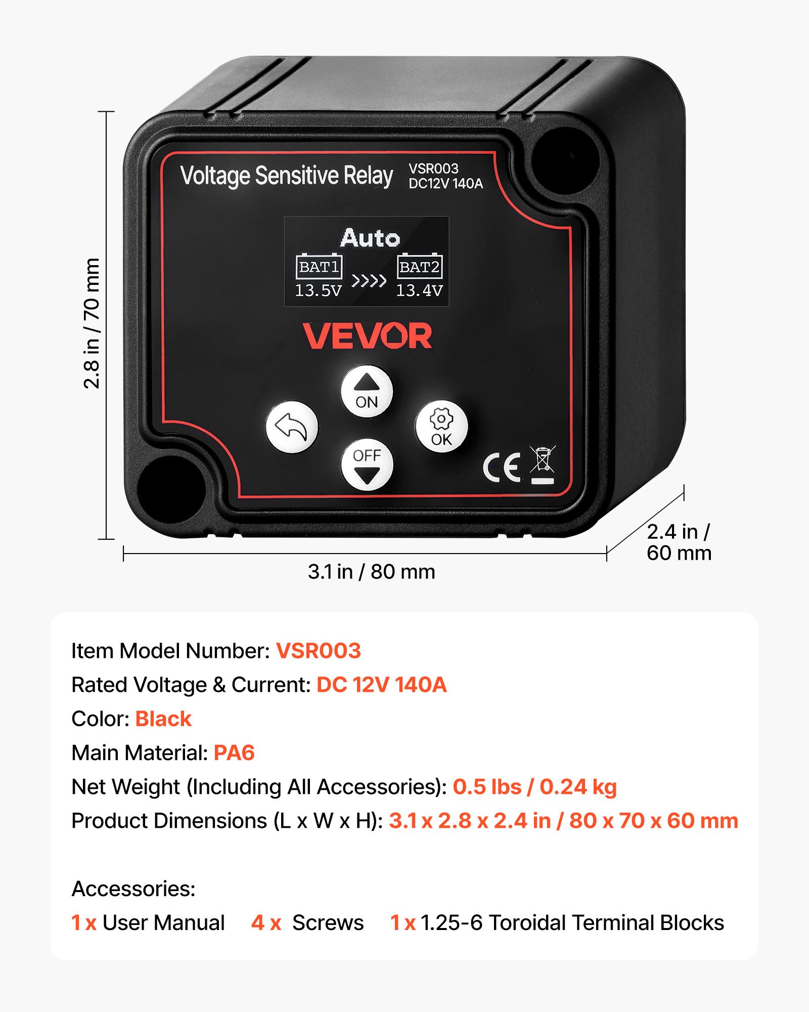 VEVOR Accu-isolatierelais, 12V, 140A, Dubbele Accu-isolatie met LCD-scherm, Intelligente Accu-scheidingsschakelaar voor Lithium- en Loodzuuraccu's, voor Auto, Vrachtwagen, Camper, UTV, ATV, Boot