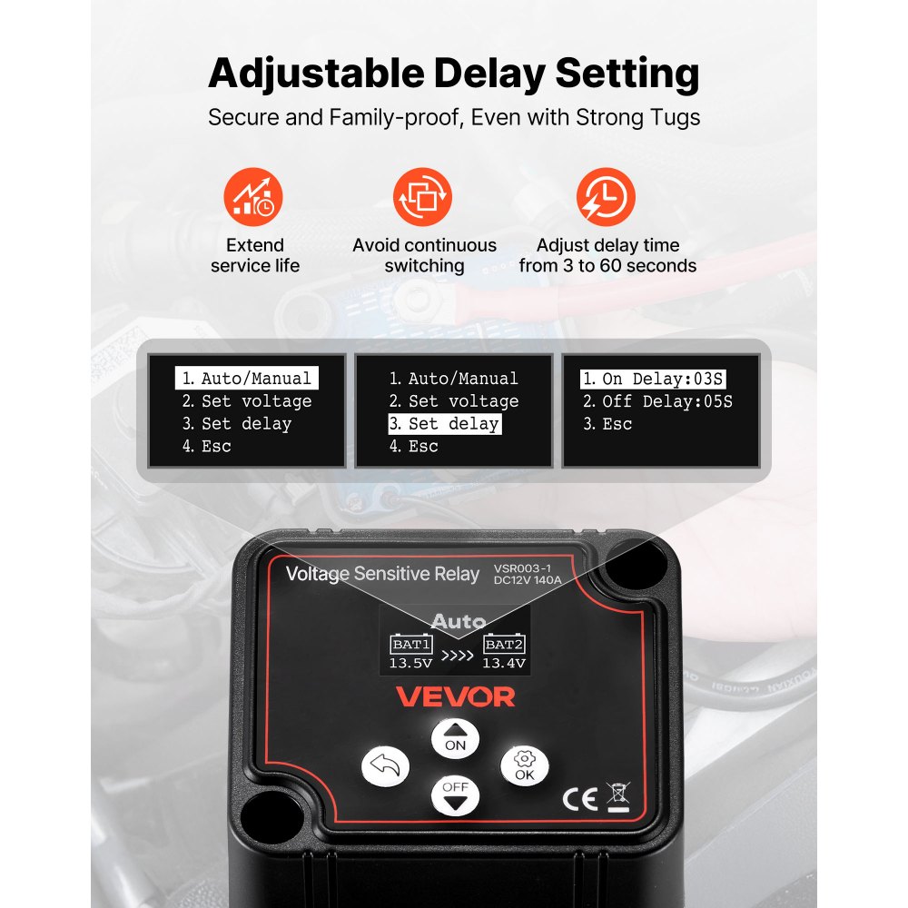 VEVOR Dubbele Accu-isolatierelais Kit, 12V 140A 6m 13.3 mm² (6 AWG), VSR spanningsgevoelig relais met voltmeter, LCD-scherm, accuschakelaar, compatibel met lithiumbatterijen, voor UTV, ATV