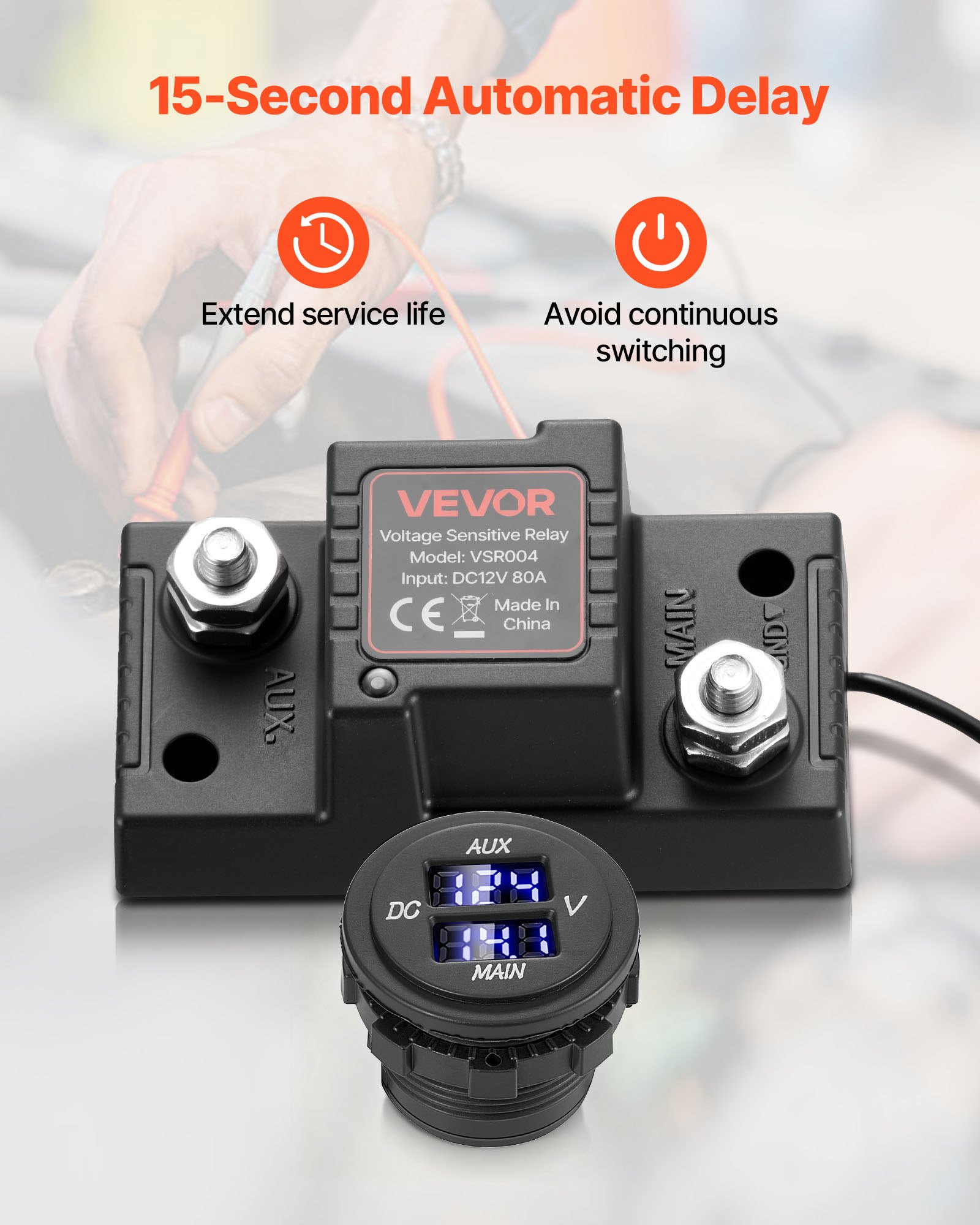 VEVOR Dubbele Accu-isolatierelais Kit, 12V 80A 0,6m 13.3 mm² (6 AWG), VSR spanningsgevoelig relais met voltmeter, LCD-scherm, accu-isolatieschakelaar, compatibel met loodzuuraccu's, voor UTV, ATV