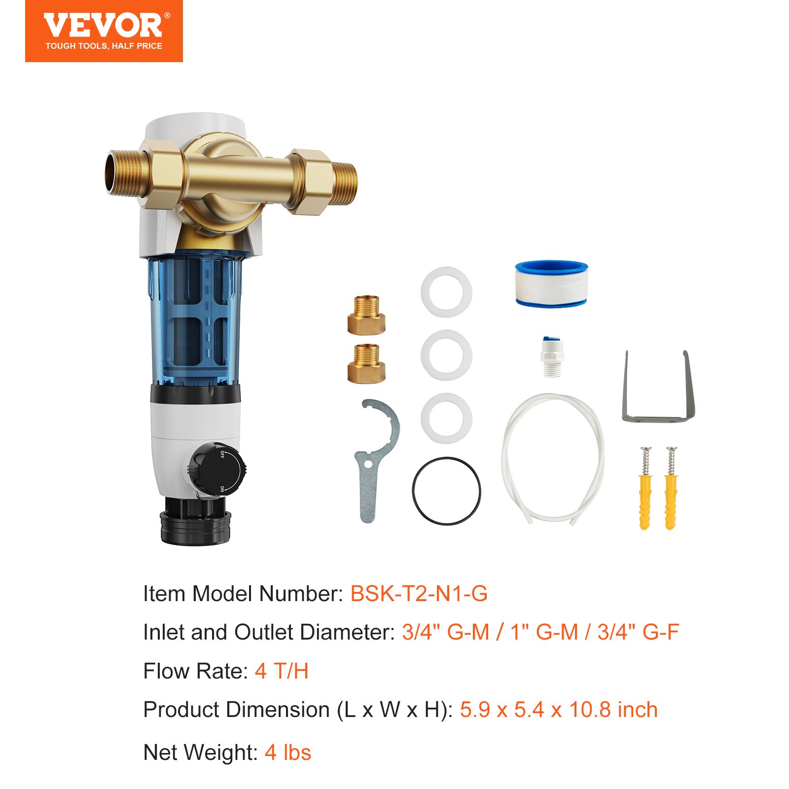 VEVOR Spin-Down Filter, 40 Micron Hele Huis Sedimentfilter voor Putwater, 3/4" GM + 1" GM, 4 t/u Stroomsnelheid, voor Waterfiltratiesystemen, Sedimentfilter voor Putwater