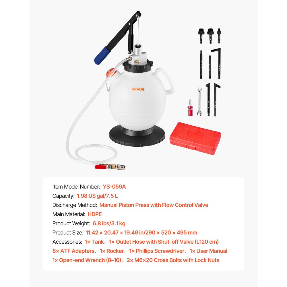 VEVOR versnellingsbakoliepomp, 7,5 liter inhoud, handmatige ATF-olievuller met 8 ATF-adapters en 120 cm uitlaat, olieafzuigpomp met HDPE-tank voor auto's en grasmaaiers