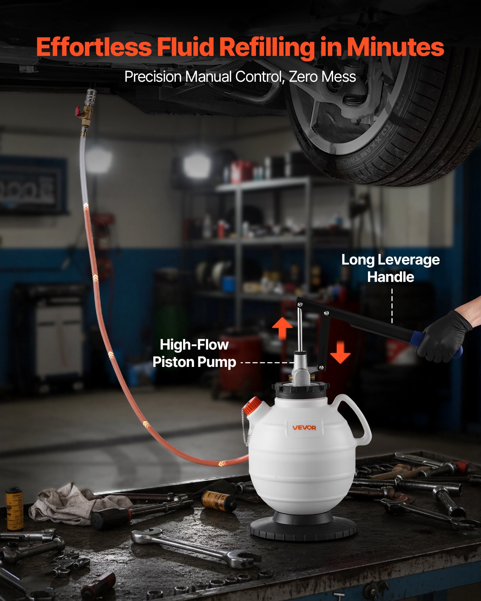 VEVOR versnellingsbakoliepomp, 7,5 liter inhoud, handmatige ATF-olievuller met 8 ATF-adapters en 120 cm uitlaat, olieafzuigpomp met HDPE-tank voor auto's en grasmaaiers