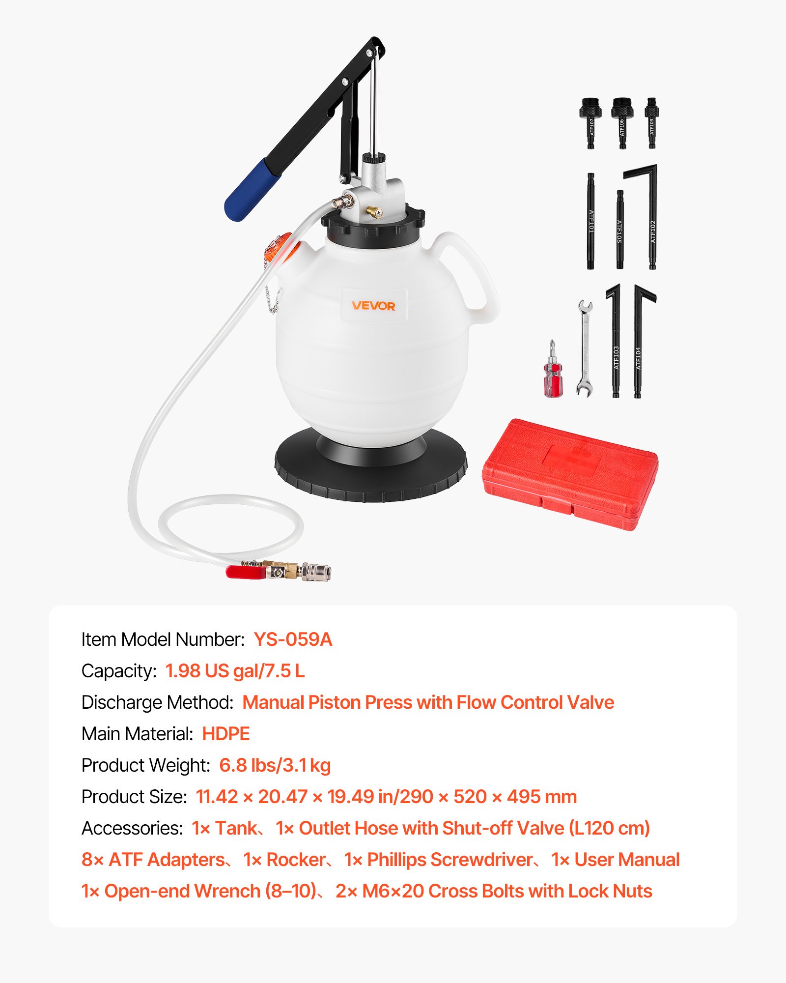 VEVOR versnellingsbakoliepomp, 7,5 liter inhoud, handmatige ATF-olievuller met 8 ATF-adapters en 120 cm uitlaat, olieafzuigpomp met HDPE-tank voor auto's en grasmaaiers