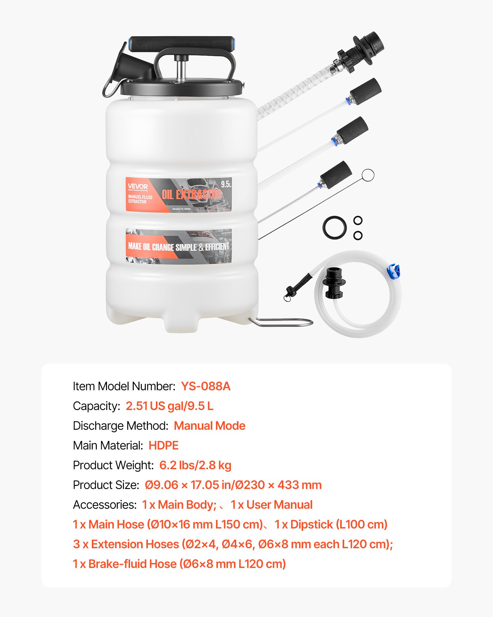 VEVOR vloeistofafzuiger, 9,5 liter inhoud, handmatige oliepomp met slang en verlengslangen, olietransportsysteem met HDPE-tank, pomp voor auto's, grasmaaiers en boten.
