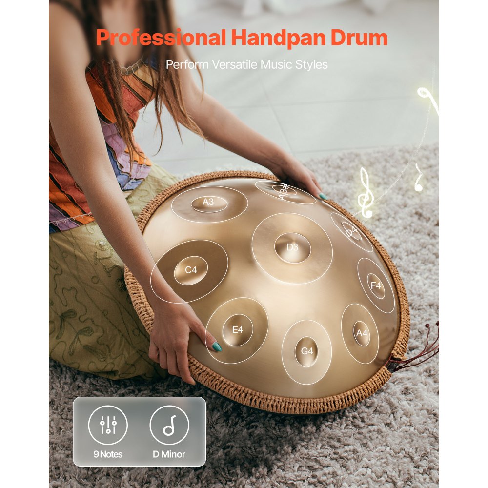 VEVOR Handpan Drum, 55 cm, 9-tonige stalen tongtrommel, 432 Hz, D mineur, met geweven randbescherming, 2 mallets en draagtas, kleurecht percussie-instrument voor professionele optredens.