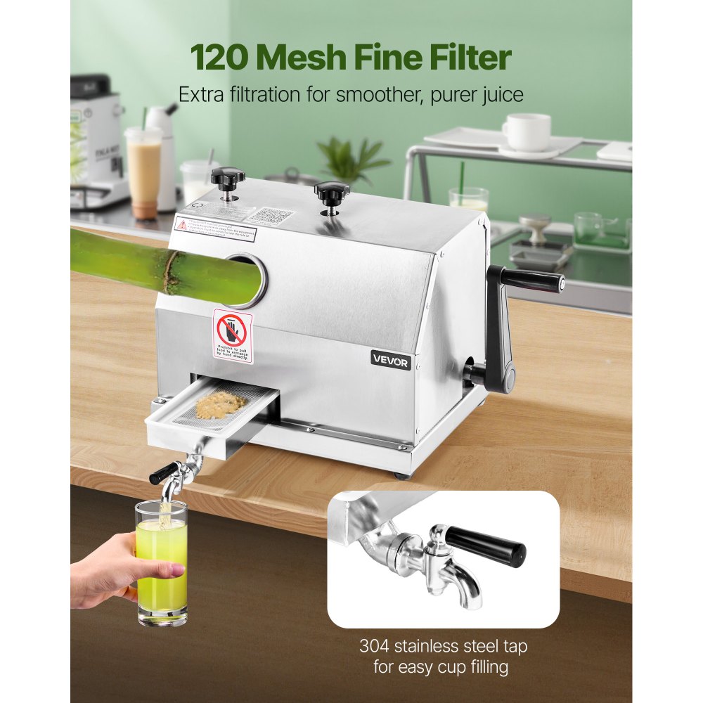 VEVOR Commercial Sugar Cane Juicer, 110LBS/H High Output Sugarcane Juicer Machine with 3 Stainless Steel Rollers, 2.4" Large Inlet, Manual Sugar Cane Press Juice Extractor Squeezer for Home/Commercial