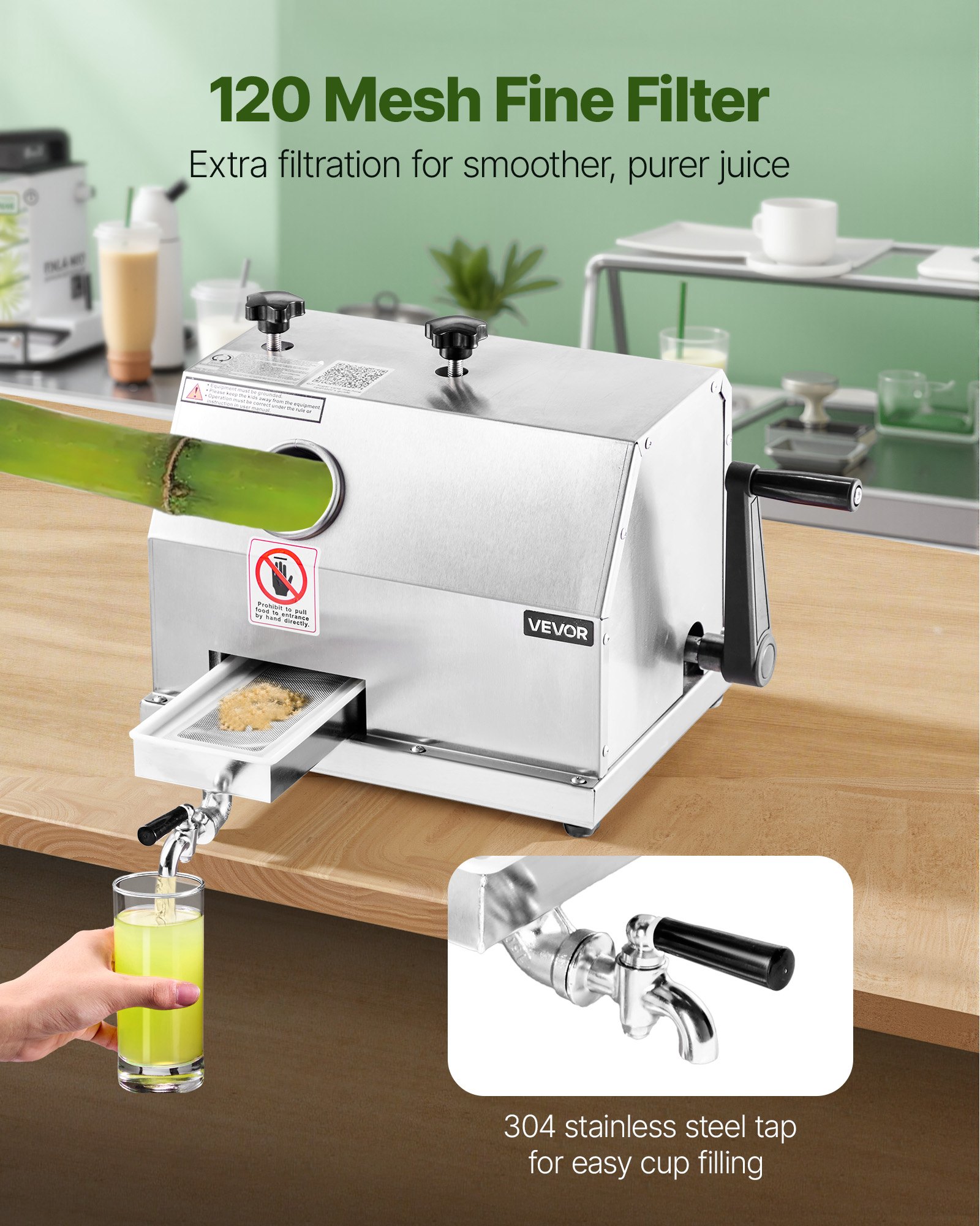 VEVOR Commercial Sugar Cane Juicer, 110LBS/H High Output Sugarcane Juicer Machine with 3 Stainless Steel Rollers, 2.4" Large Inlet, Manual Sugar Cane Press Juice Extractor Squeezer for Home/Commercial