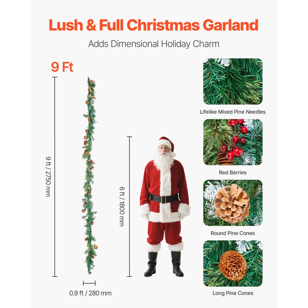 VEVOR Christmas Garland, 9-Ft Artificial Christmas Garland with Light String, Faux Greenery Decoration with Berry Clusters, Pine Needles, Pine Cones, Realistic Xmas Collection for Mantel & Fireplace