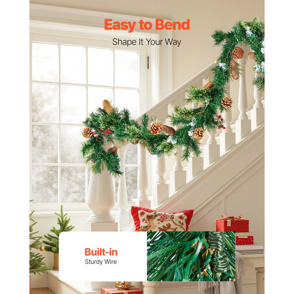 VEVOR Christmas Garland, 9-Ft Artificial Christmas Garland with Light String, Faux Greenery Decoration with Berry Clusters, Pine Needles, Pine Cones, Realistic Xmas Collection for Mantel & Fireplace