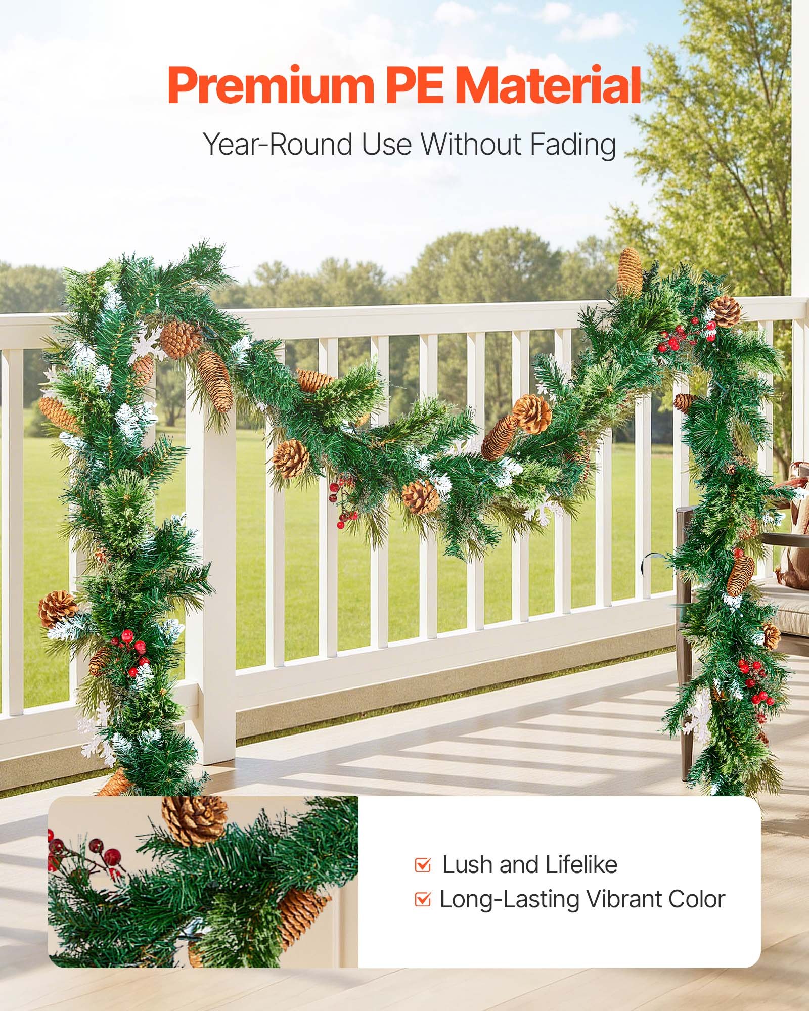 VEVOR Christmas Garland, 9-Ft Artificial Christmas Garland with Light String, Faux Greenery Decoration with Berry Clusters, Pine Needles, Pine Cones, Realistic Xmas Collection for Mantel & Fireplace