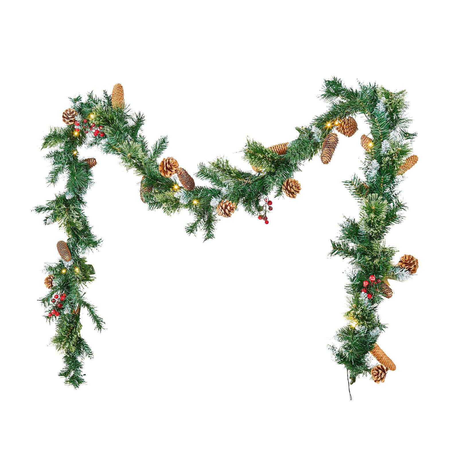 VEVOR Christmas Garland, 9-Ft Artificial Christmas Garland with Light String, Faux Greenery Decoration with Berry Clusters, Pine Needles, Pine Cones, Realistic Xmas Collection for Mantel & Fireplace