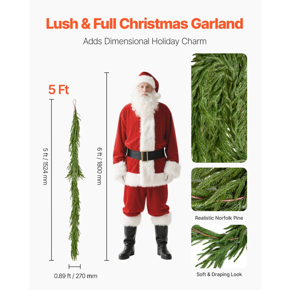 VEVOR Christmas Garland, 5-FT Realistic Norfolk Pine Garland, Evergreen Real Touch Artificial Faux Greenery Garlands, for Holiday Indoor Outdoor Xmas Decoration on Table, Mantel, and Fireplace