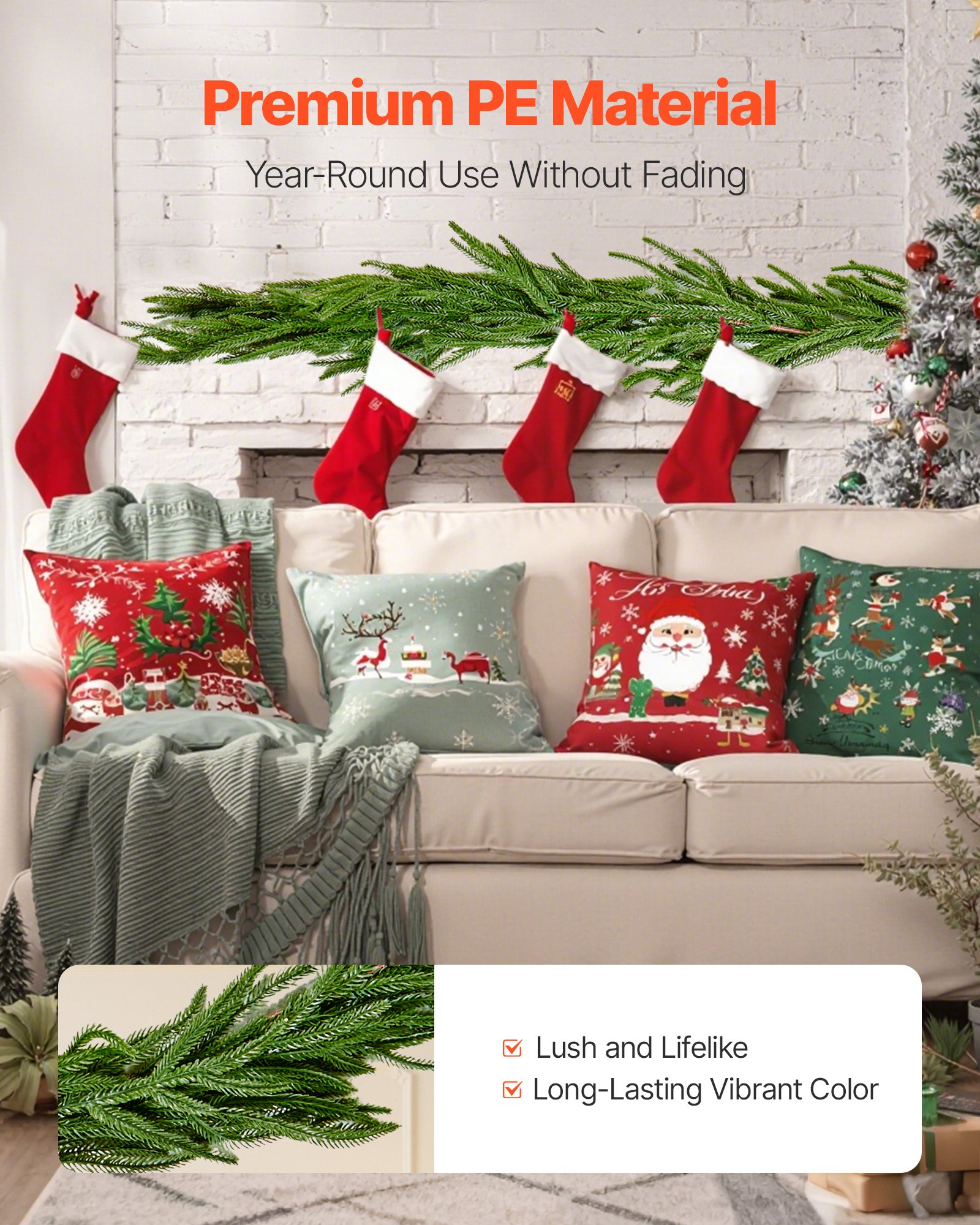 VEVOR Christmas Garland, 5-FT Realistic Norfolk Pine Garland, Evergreen Real Touch Artificial Faux Greenery Garlands, for Holiday Indoor Outdoor Xmas Decoration on Table, Mantel, and Fireplace