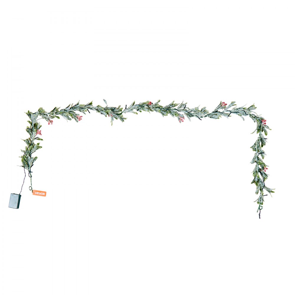 VEVOR Kerstkrans, 2 m Realistische groene sparrenkrans versierd met wijnranken, olijfbladeren en bessen, Groenblijvende kunstmatige slingers met lichtsnoer, Kerstversiering voor op de schoorsteenmantel