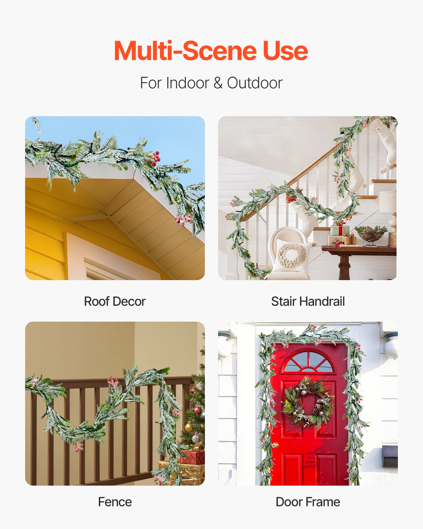 VEVOR Christmas Garland, 6.6-FT Realistic Greenery Decorated with Vines, Olive Leaves, and Berries, Evergreen Faux Garlands with Light String for Indoor Outdoor Xmas Decoration on Mantel Fireplace